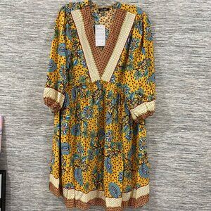 BTFBM Floral Boho Midi Dress With V-Neck & 3/4 Sleeves In Yellow & Blue NWT